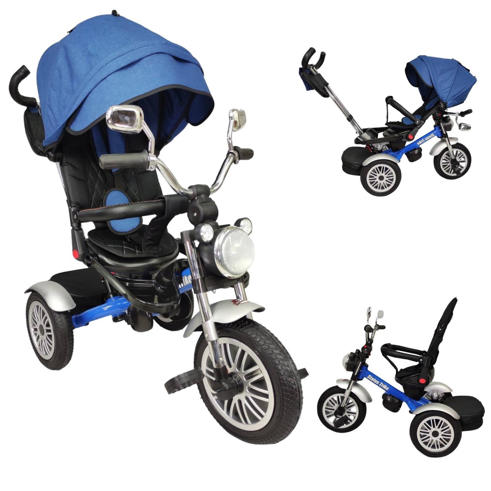 Triciclo para Niños 8en1 con Asiento Giratorio y Reclinable, sonido  - Azul.