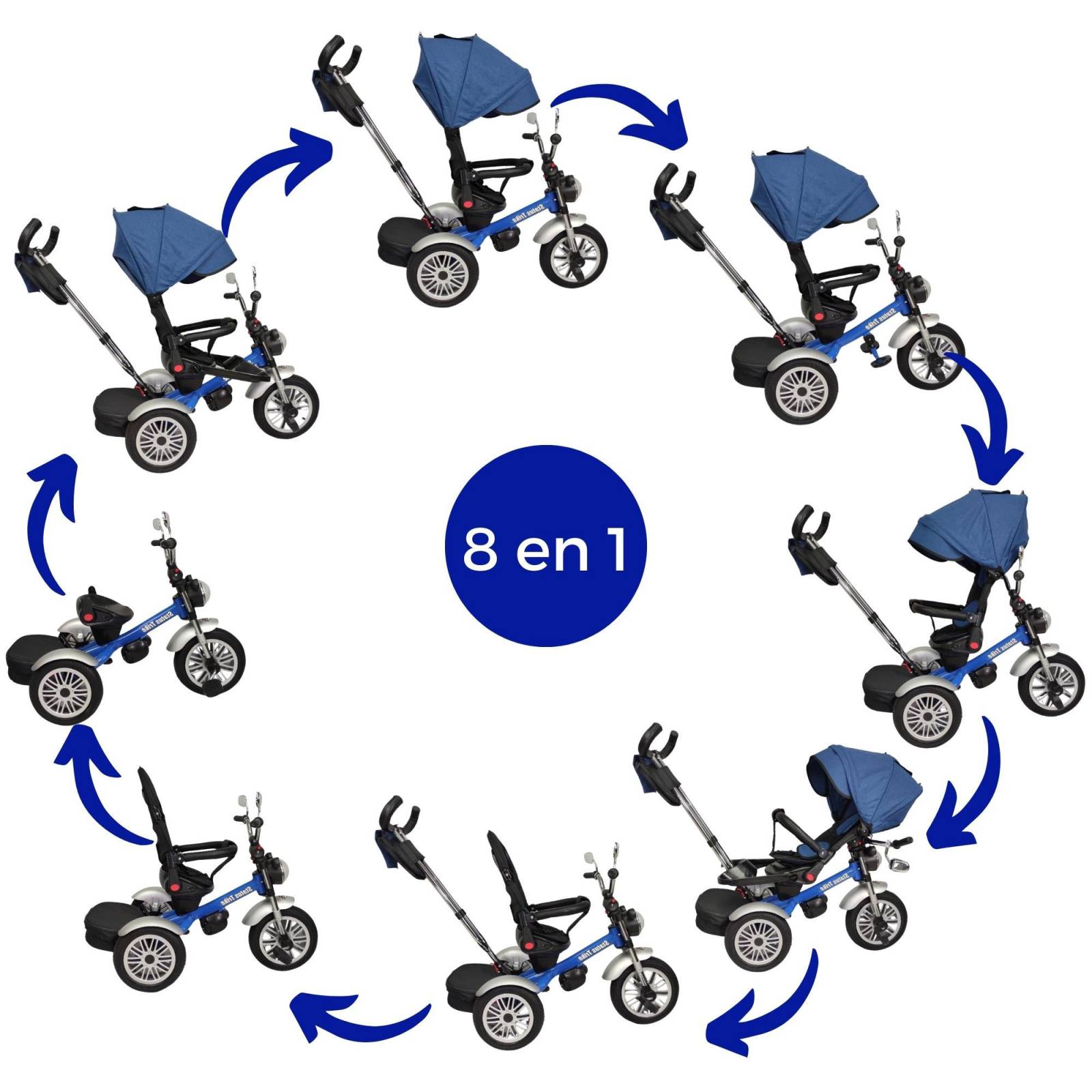 Triciclo para Niños 8en1 con Asiento Giratorio y Reclinable, sonido  - Azul.
