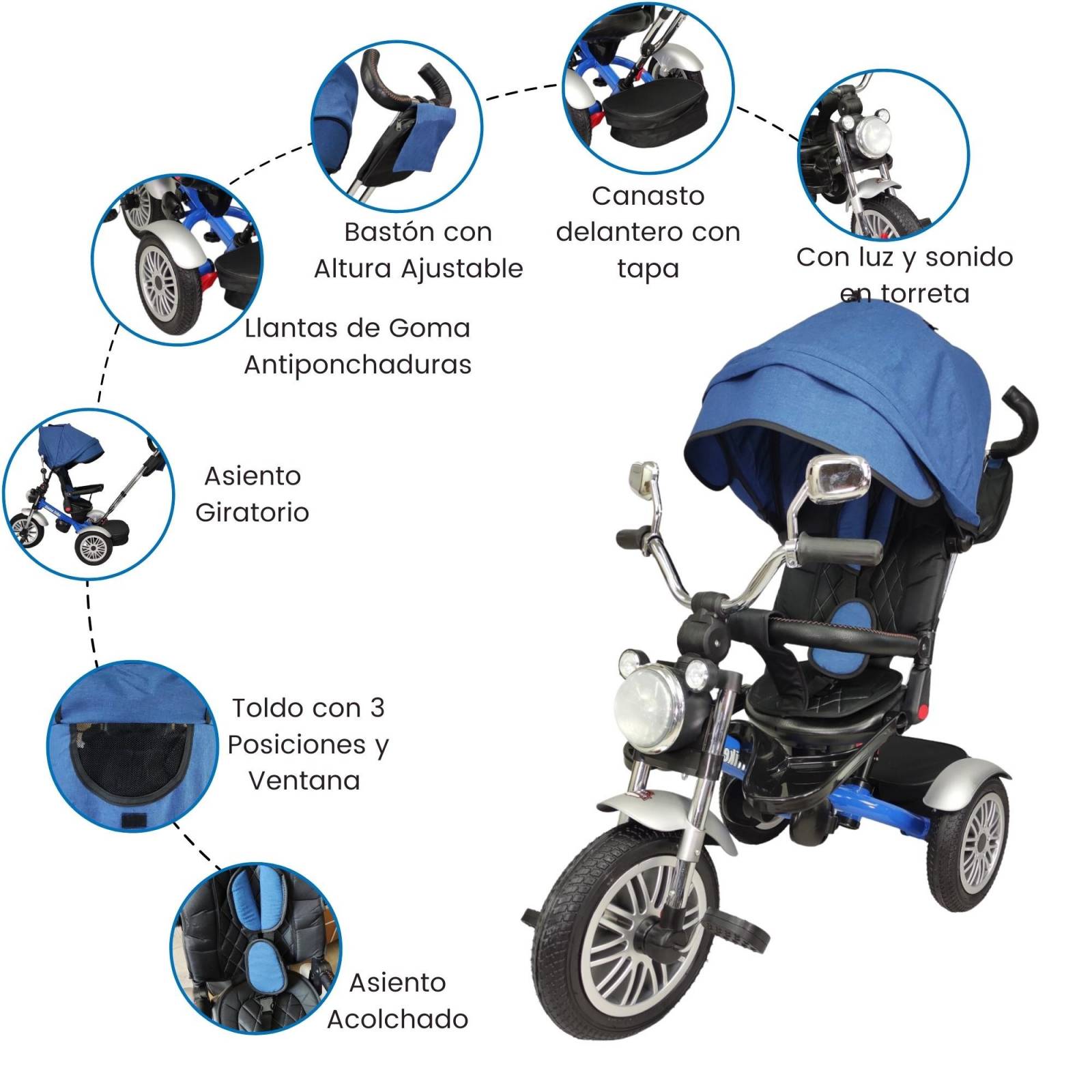 Triciclo para Niños 8en1 con Asiento Giratorio y Reclinable, sonido  - Azul.
