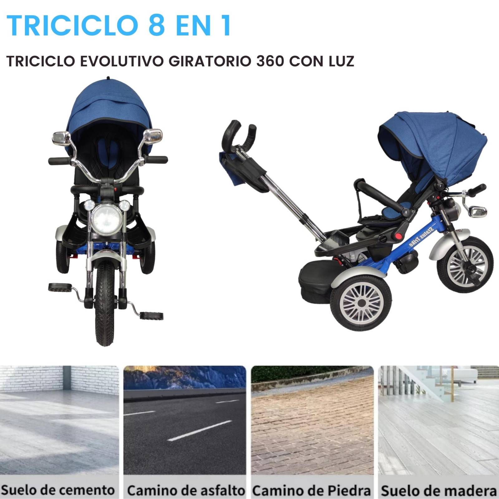 Triciclo para Niños 8en1 con Asiento Giratorio y Reclinable, sonido  - Azul.