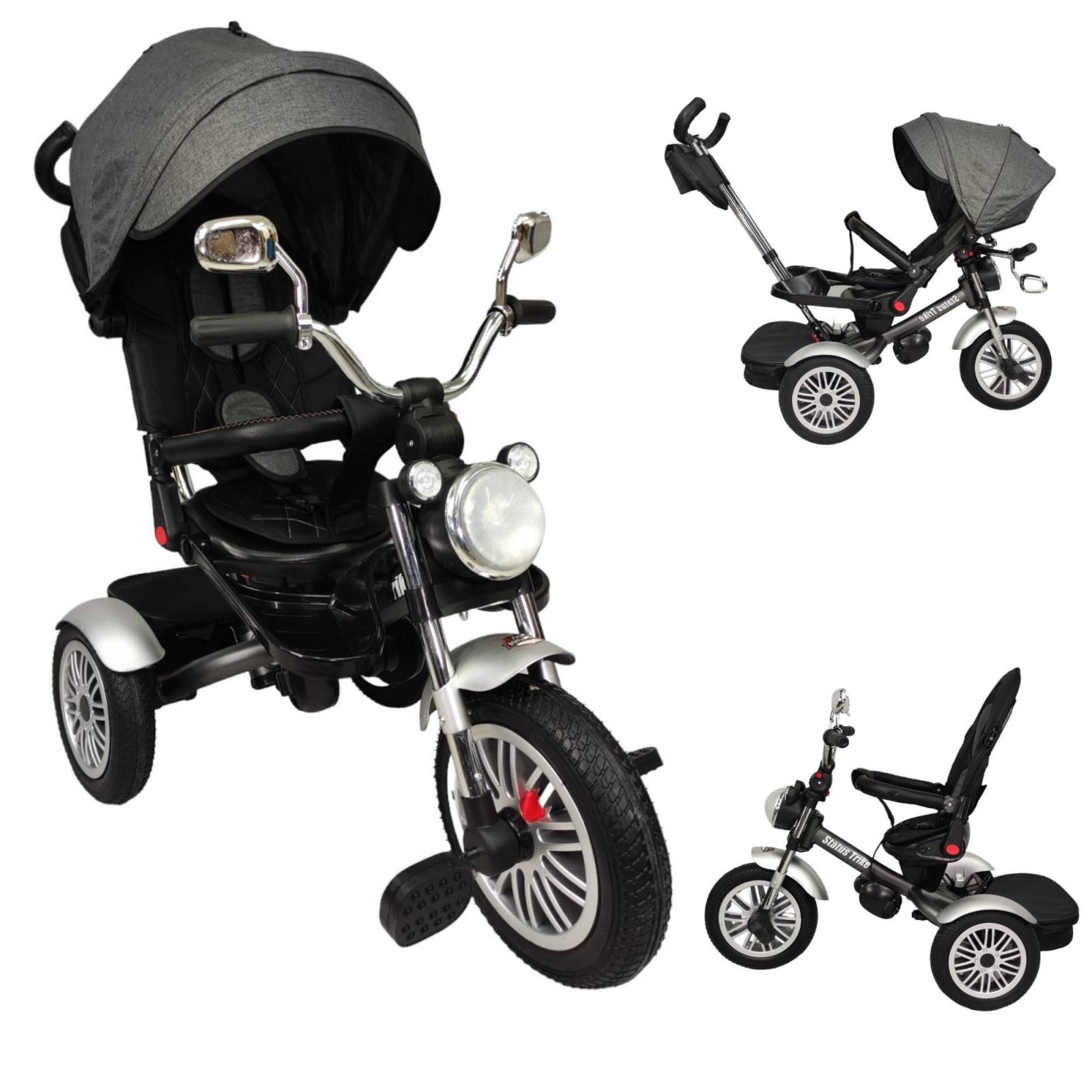 Triciclo para Niños 8en1 con Asiento Giratorio y Reclinable, sonido  - Gris.