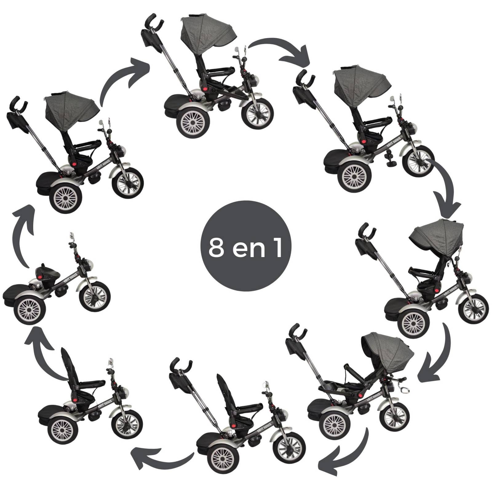 Triciclo para Niños 8en1 con Asiento Giratorio y Reclinable, sonido  - Gris.