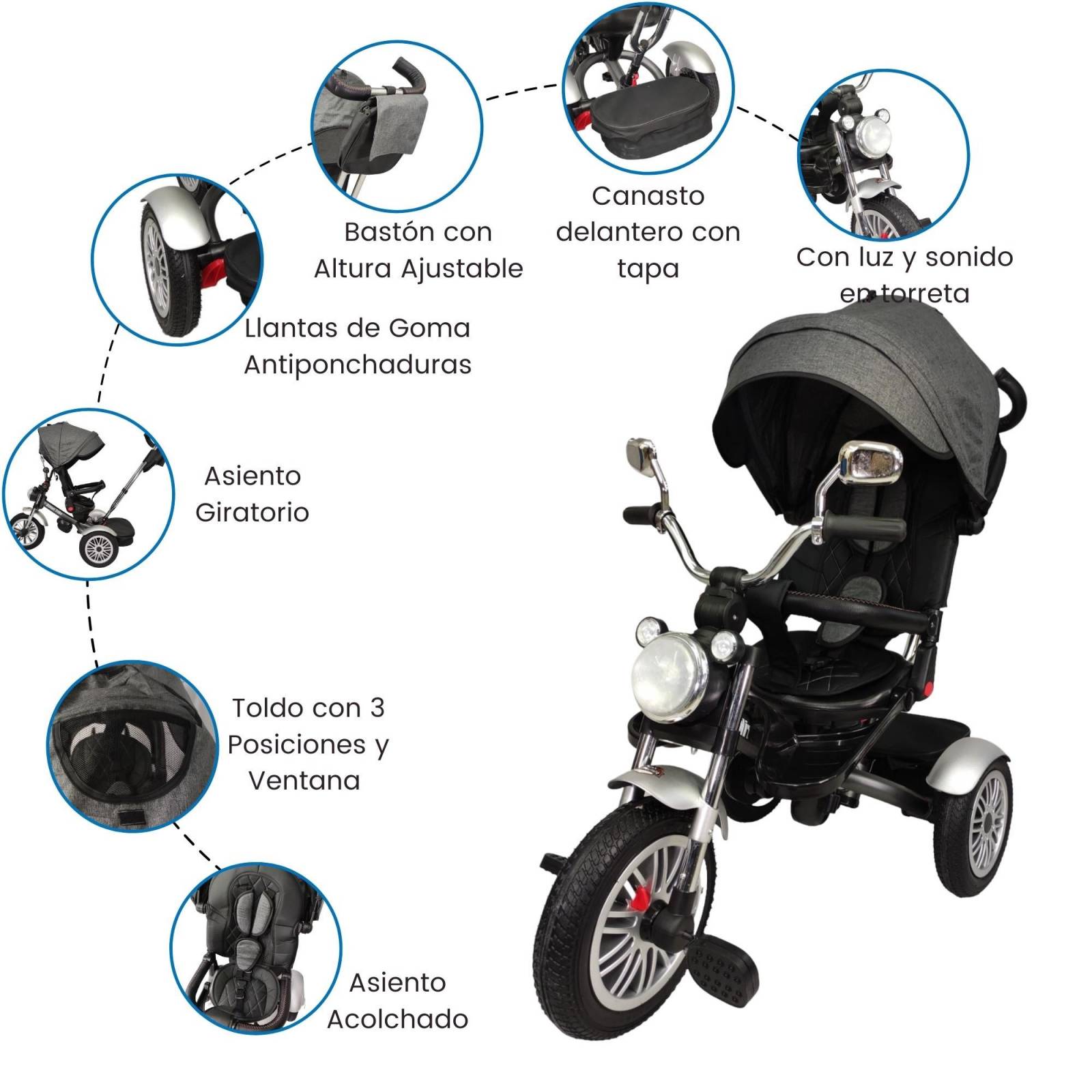 Triciclo para Niños 8en1 con Asiento Giratorio y Reclinable, sonido  - Gris.