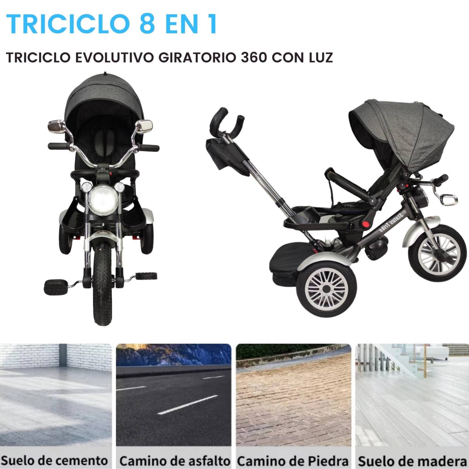Triciclo para Niños 8en1 con Asiento Giratorio y Reclinable, sonido  - Gris.
