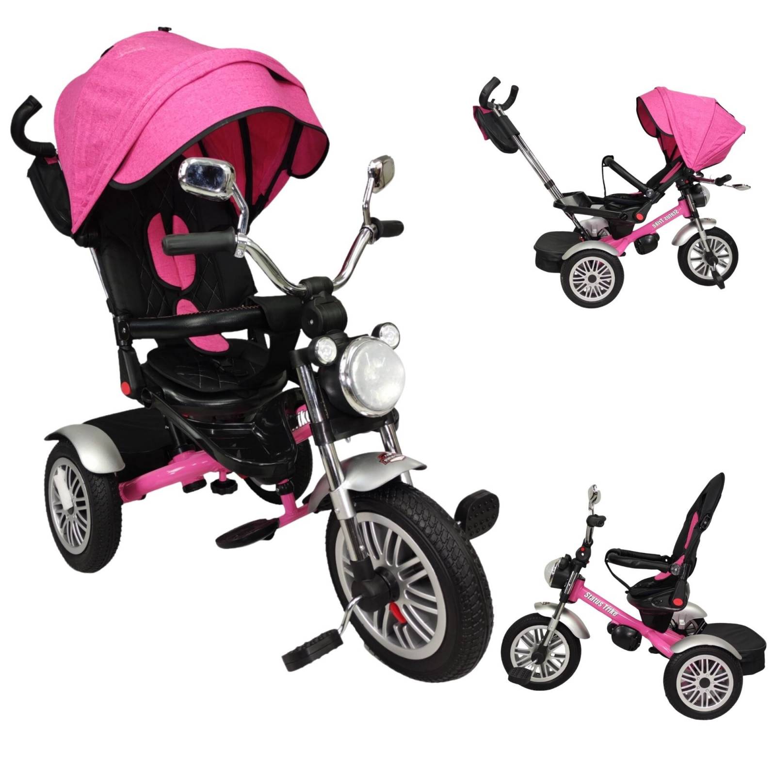 Triciclo para Niños 8en1 con Asiento Giratorio y Reclinable, sonido - Rosa.