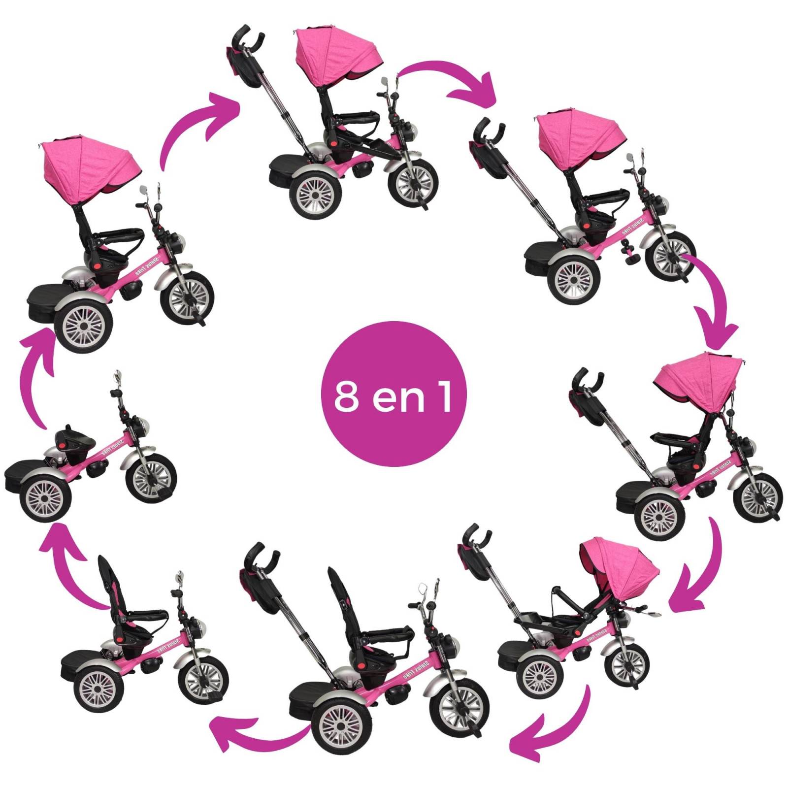 Triciclo para Niños 8en1 con Asiento Giratorio y Reclinable, sonido - Rosa.