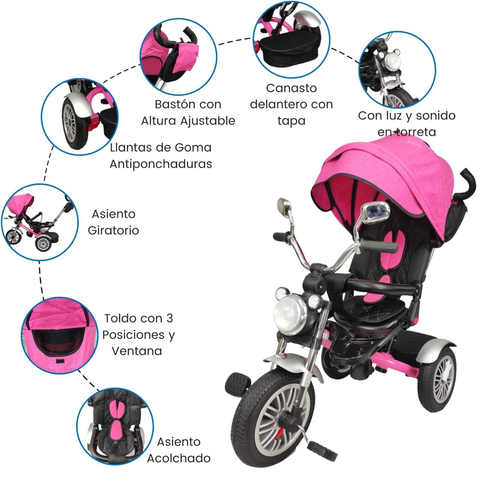 Triciclo para Niños 8en1 con Asiento Giratorio y Reclinable, sonido - Rosa.