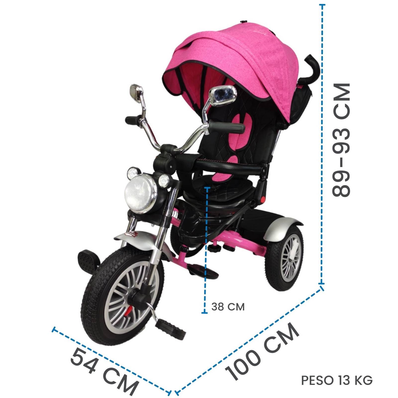 Triciclo para Niños 8en1 con Asiento Giratorio y Reclinable, sonido - Rosa.