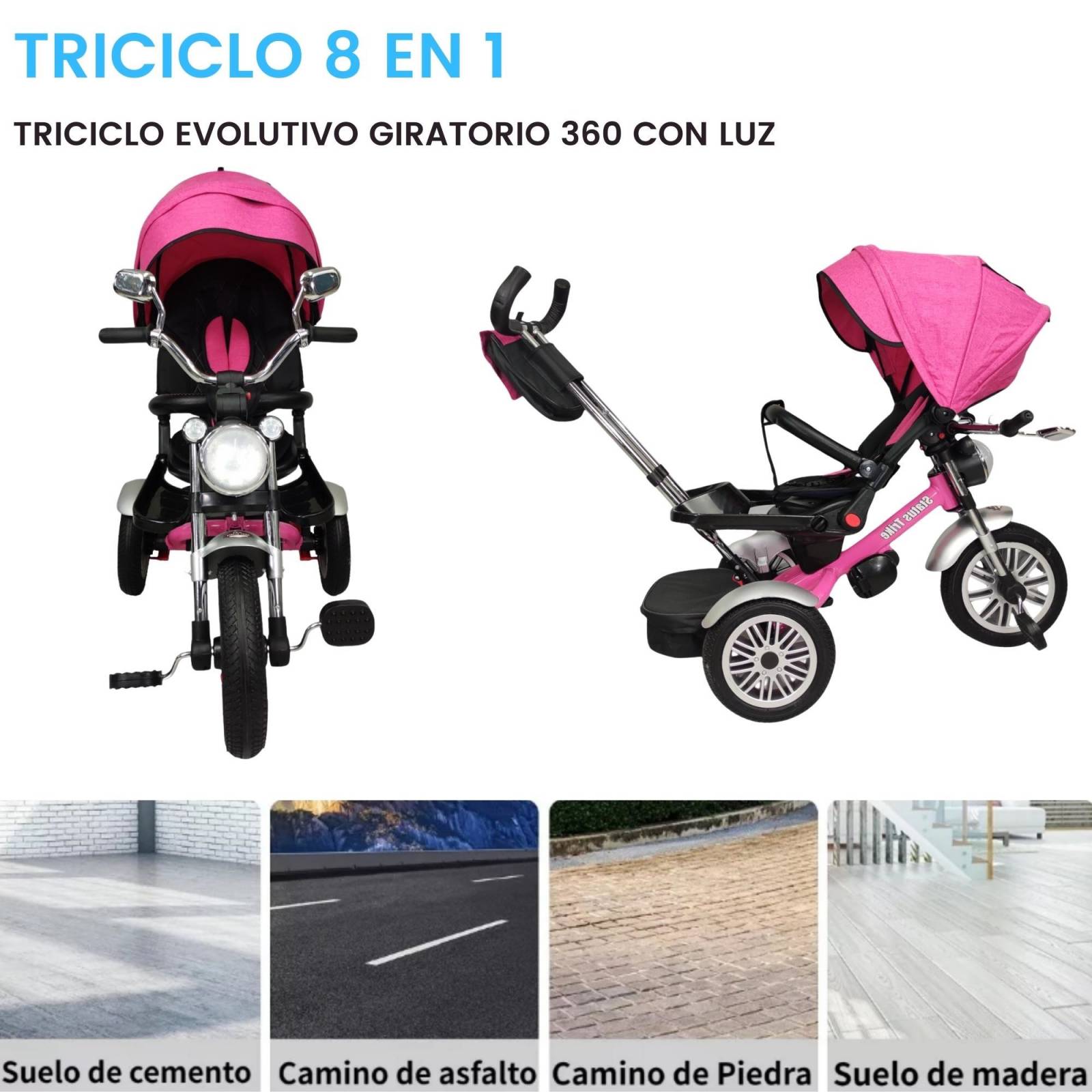Triciclo para Niños 8en1 con Asiento Giratorio y Reclinable, sonido - Rosa.