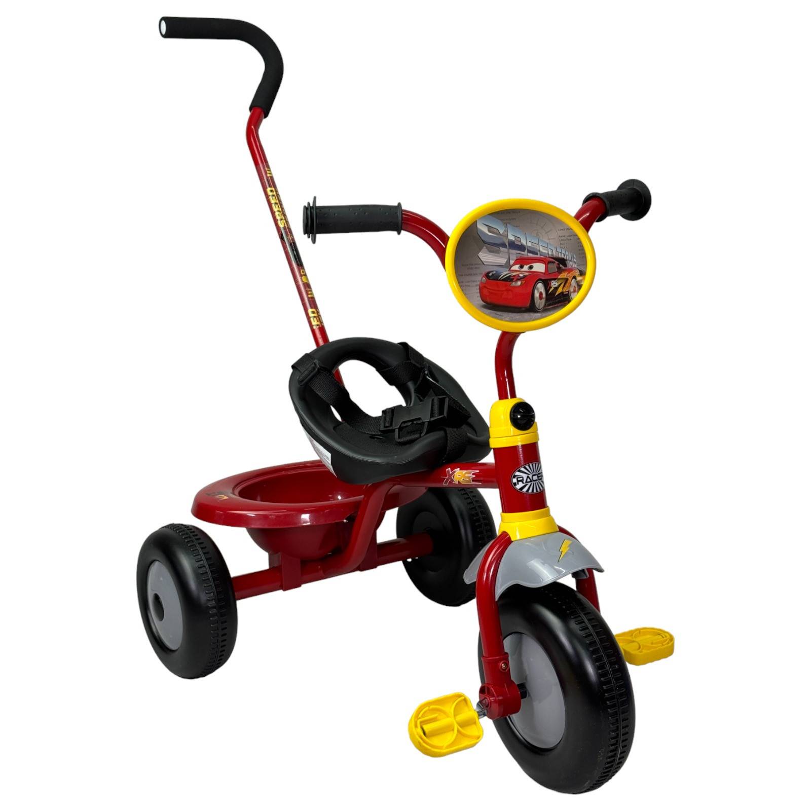 Triciclo para Niños Cars Bastón con Cinturon 3 puntos, Canasta  - Rojo.