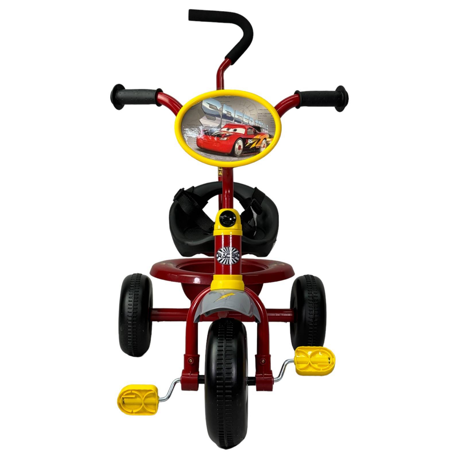 Triciclo para Niños Cars Bastón con Cinturon 3 puntos, Canasta  - Rojo.