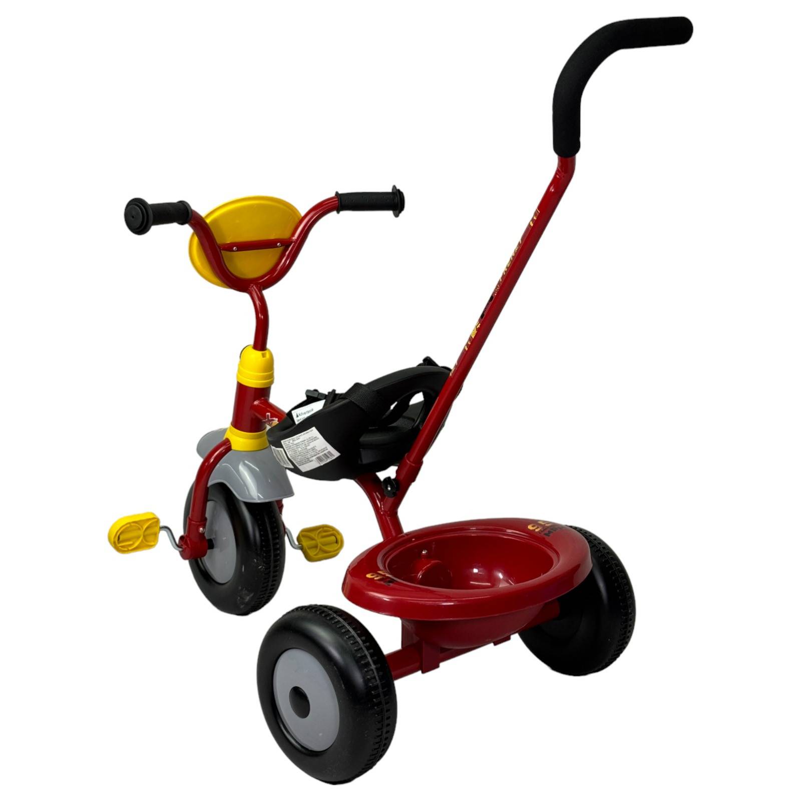 Triciclo para Niños Cars Bastón con Cinturon 3 puntos, Canasta  - Rojo.