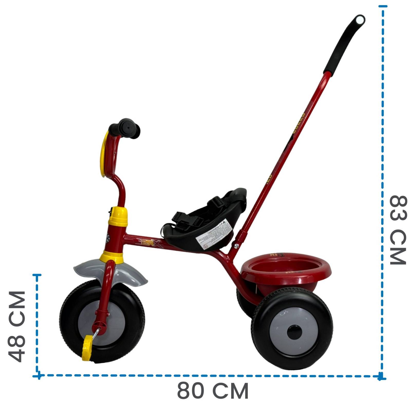 Triciclo para Niños Cars Bastón con Cinturon 3 puntos, Canasta  - Rojo.