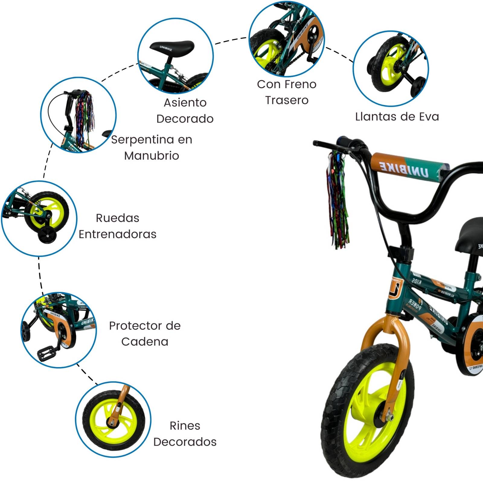 Bicicleta para Niños Rodada 12 Verde con ruedas de entrenamiento  - Verde.