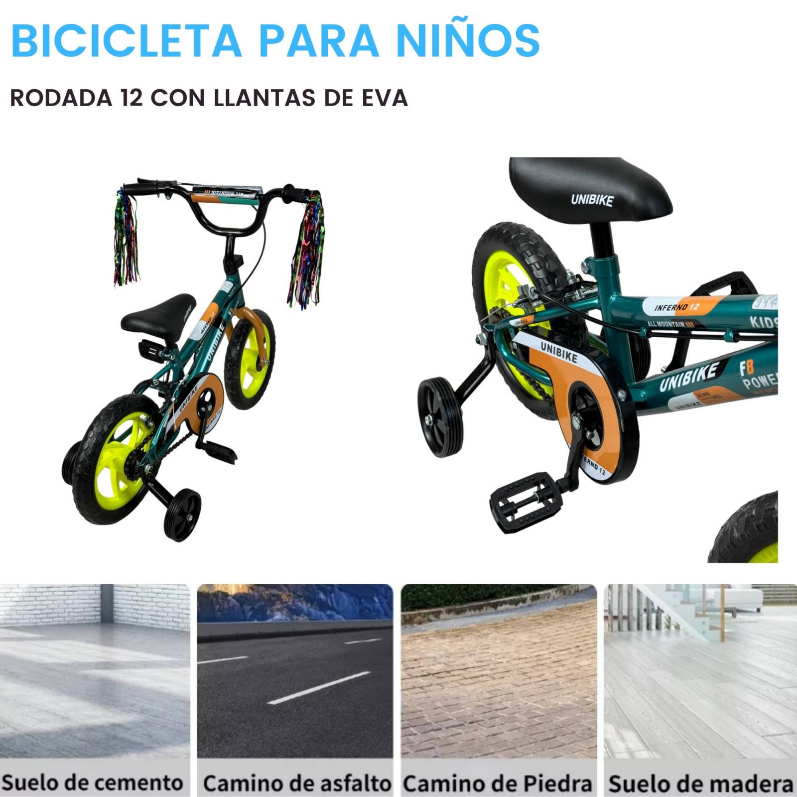 Bicicleta para Niños Rodada 12 Verde con ruedas de entrenamiento  - Verde.