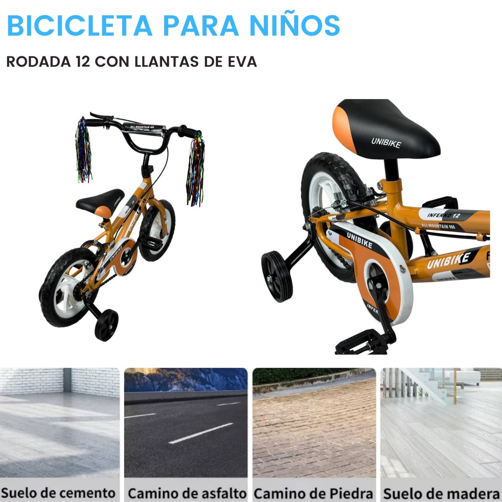 Bicicleta para Niños Rodada 12 Cafe con ruedas de entrenamiento  - Marrón.