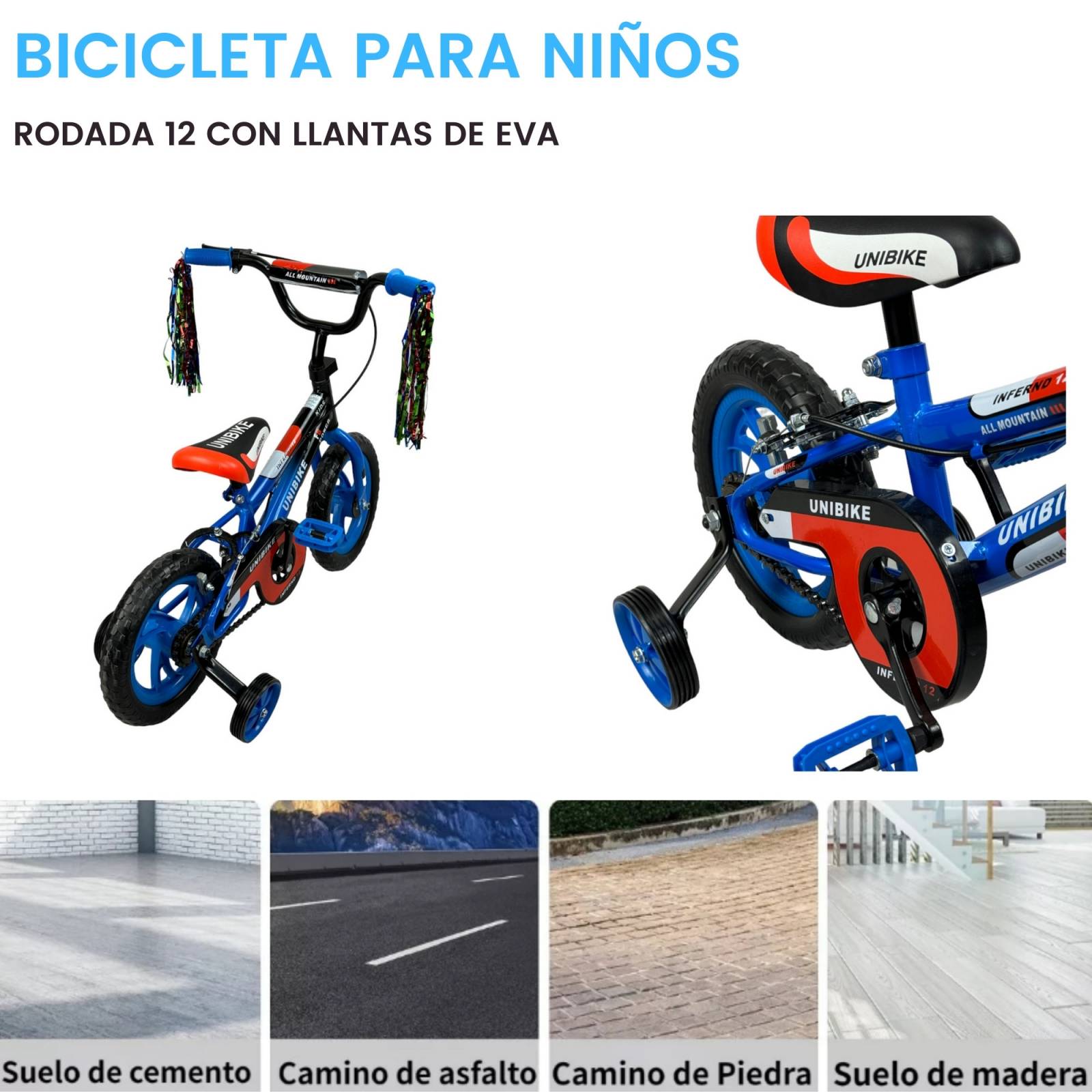 Bicicleta para Niños Rodada 12 Azul con ruedas de entrenamiento  - Azul.