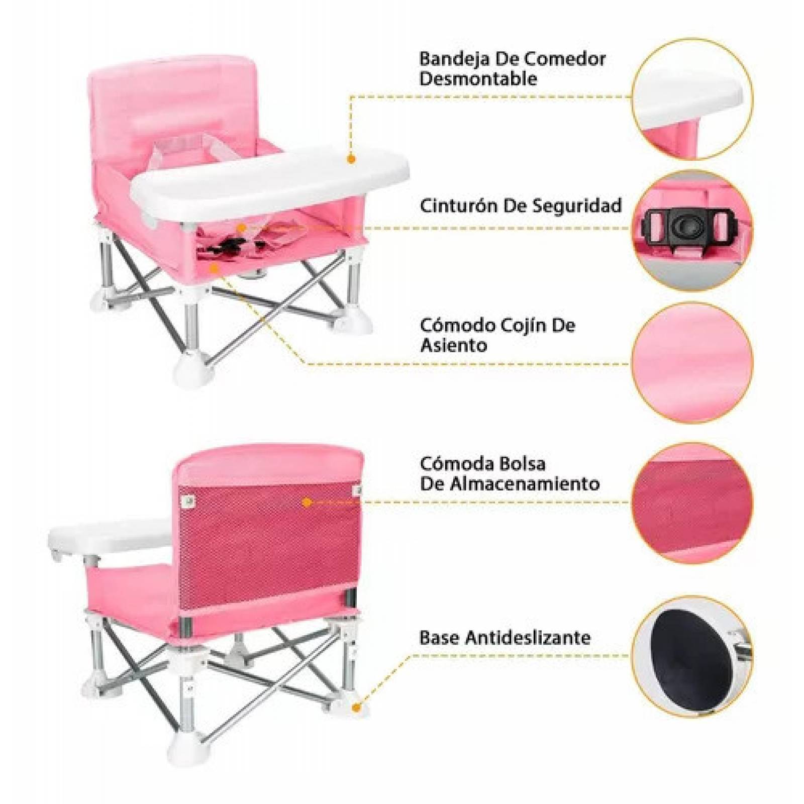 Silla Alta para Bebe Periquera Portatil Elevador Viaje Plegable - Rosa.