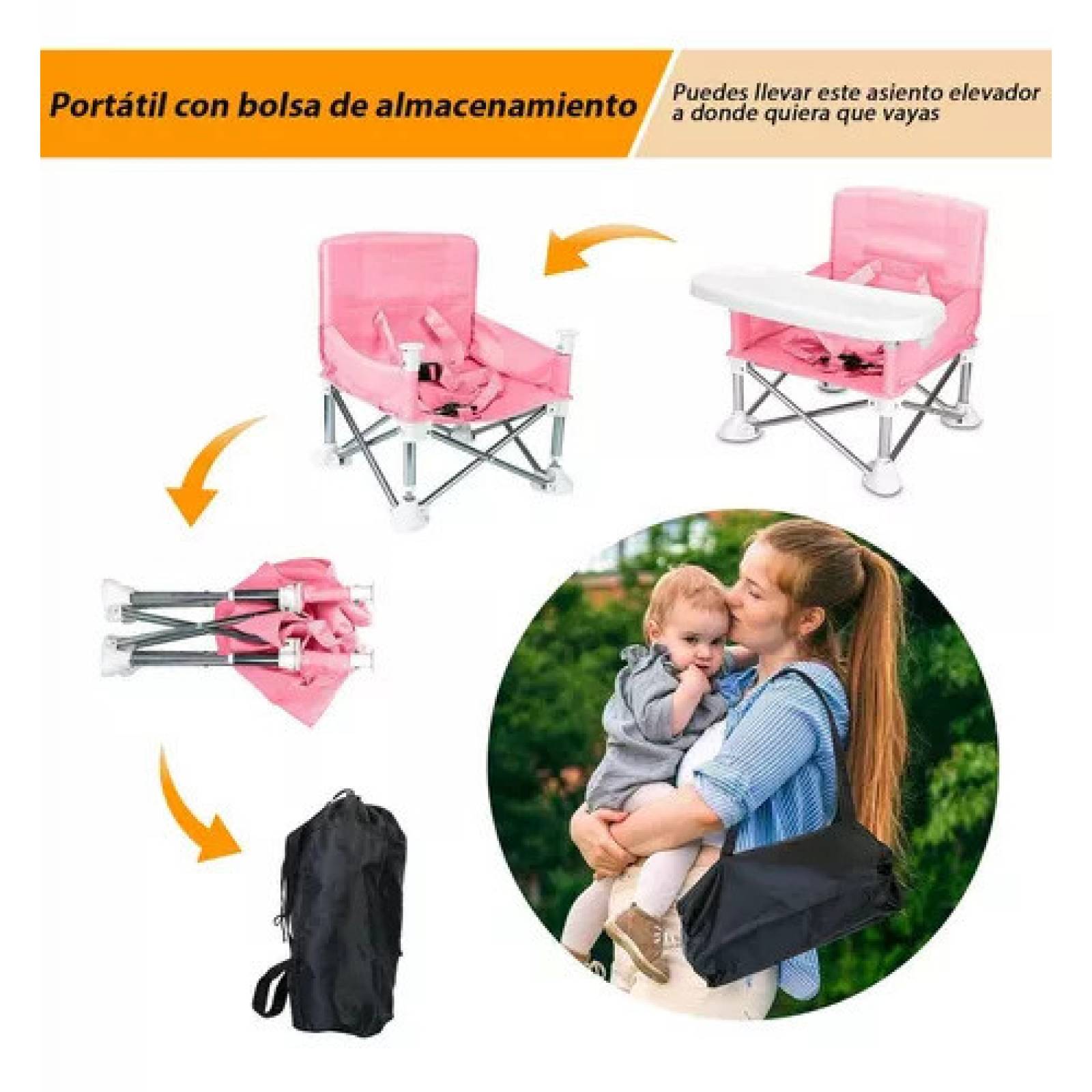 Silla Alta para Bebe Periquera Portatil Elevador Viaje Plegable - Rosa.