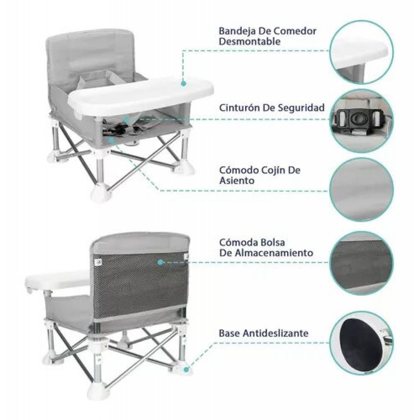 Silla Alta para Bebe Periquera Portatil Elevador Viaje Plegable  - Gris.