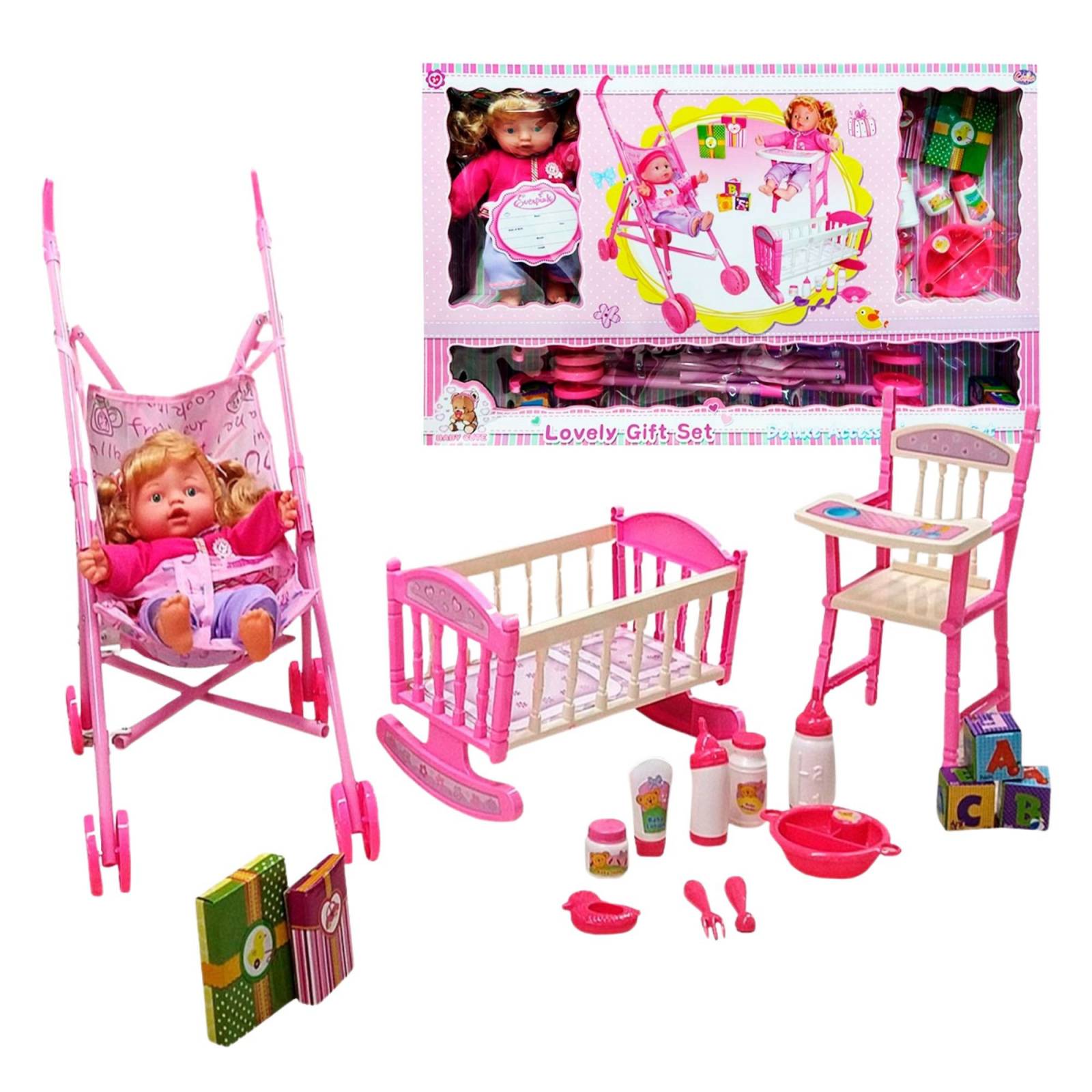 Set de Muñeca de Juguete con Carriola, Cuna y Accesorios  - Rosa