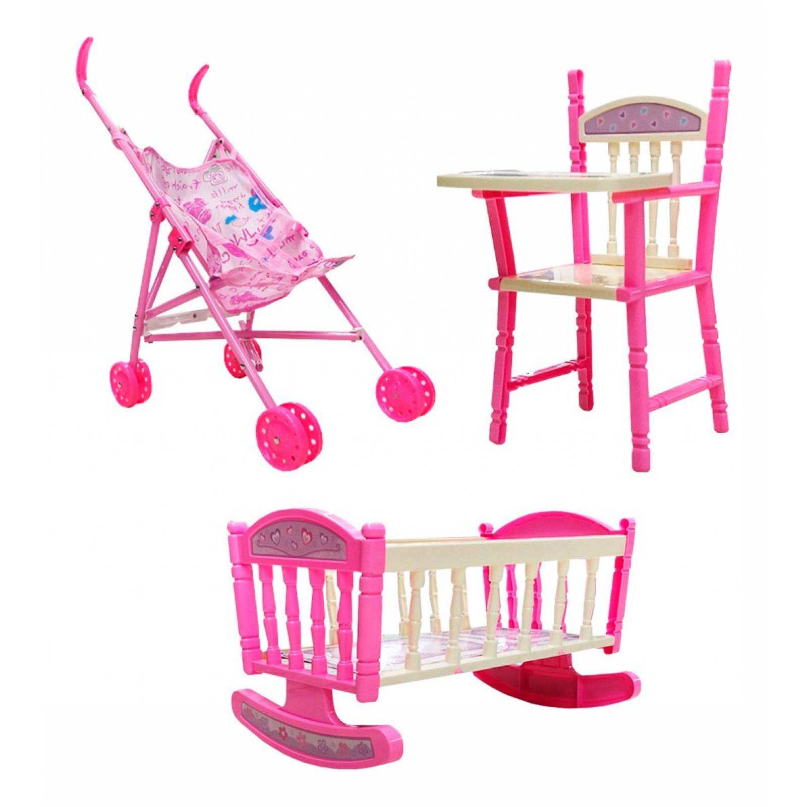 Set de Muñeca de Juguete con Carriola, Cuna y Accesorios  - Rosa