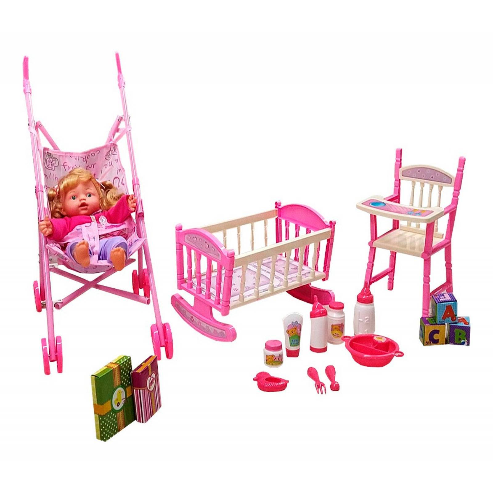 Set de Muñeca de Juguete con Carriola, Cuna y Accesorios  - Rosa