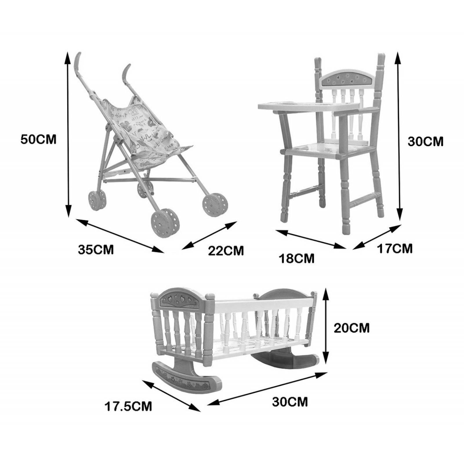 Set de Muñeca de Juguete con Carriola, Cuna y Accesorios  - Rosa