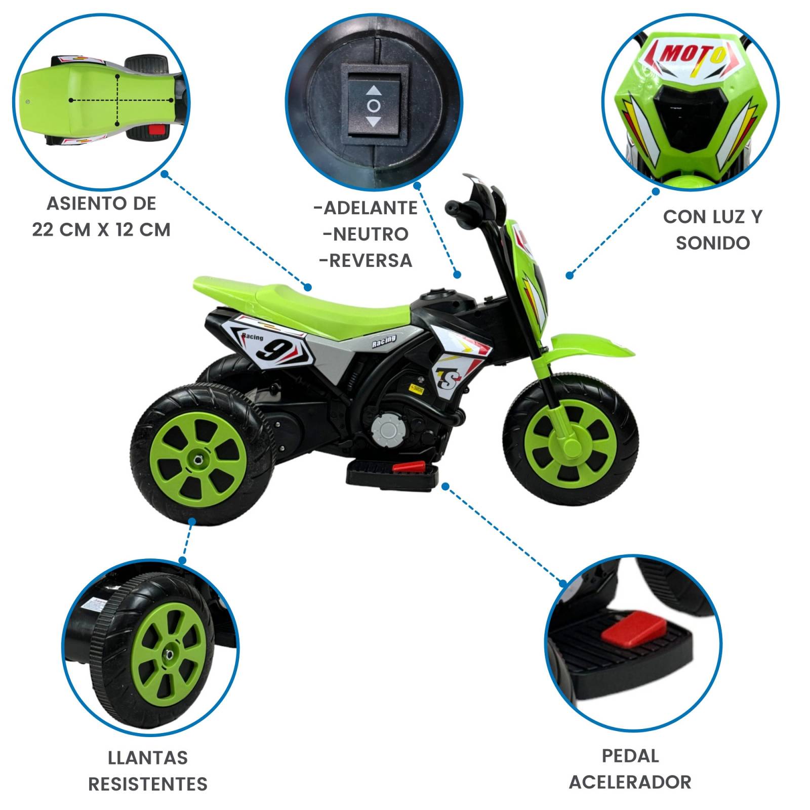 Motocicleta Montable para Niños 3 Ruedas Sonido,luz 6V  - Verde.