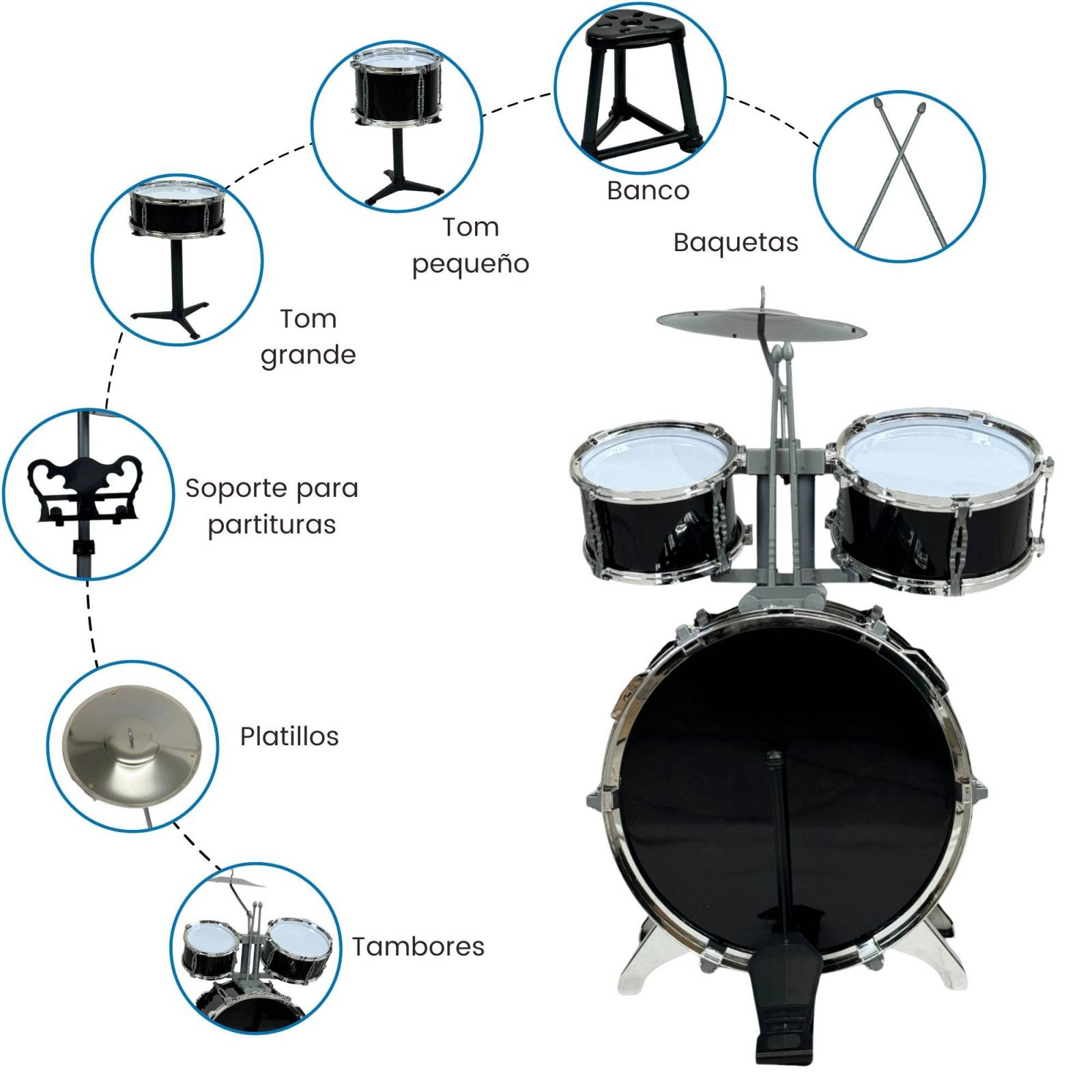 Bateria de Juego para Niños Musical Jazz Instrumento Taburete  - Negro.