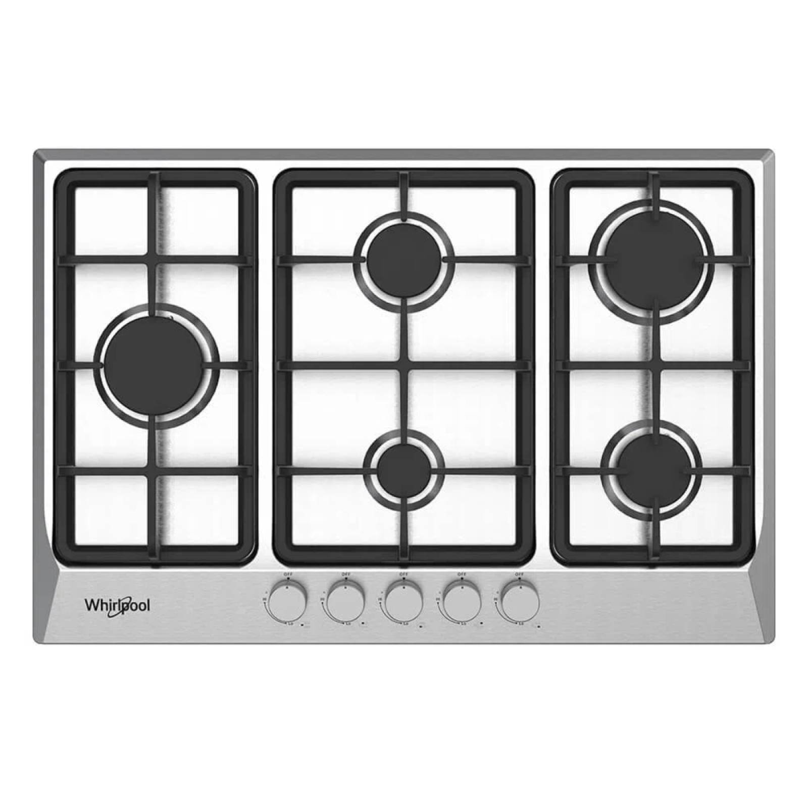 Parrilla Empotrable de Gas LP/Natural Whirlpool WP3021S de 75 cm con 5 Quemadores Acero Inox y Hierro Fundido.