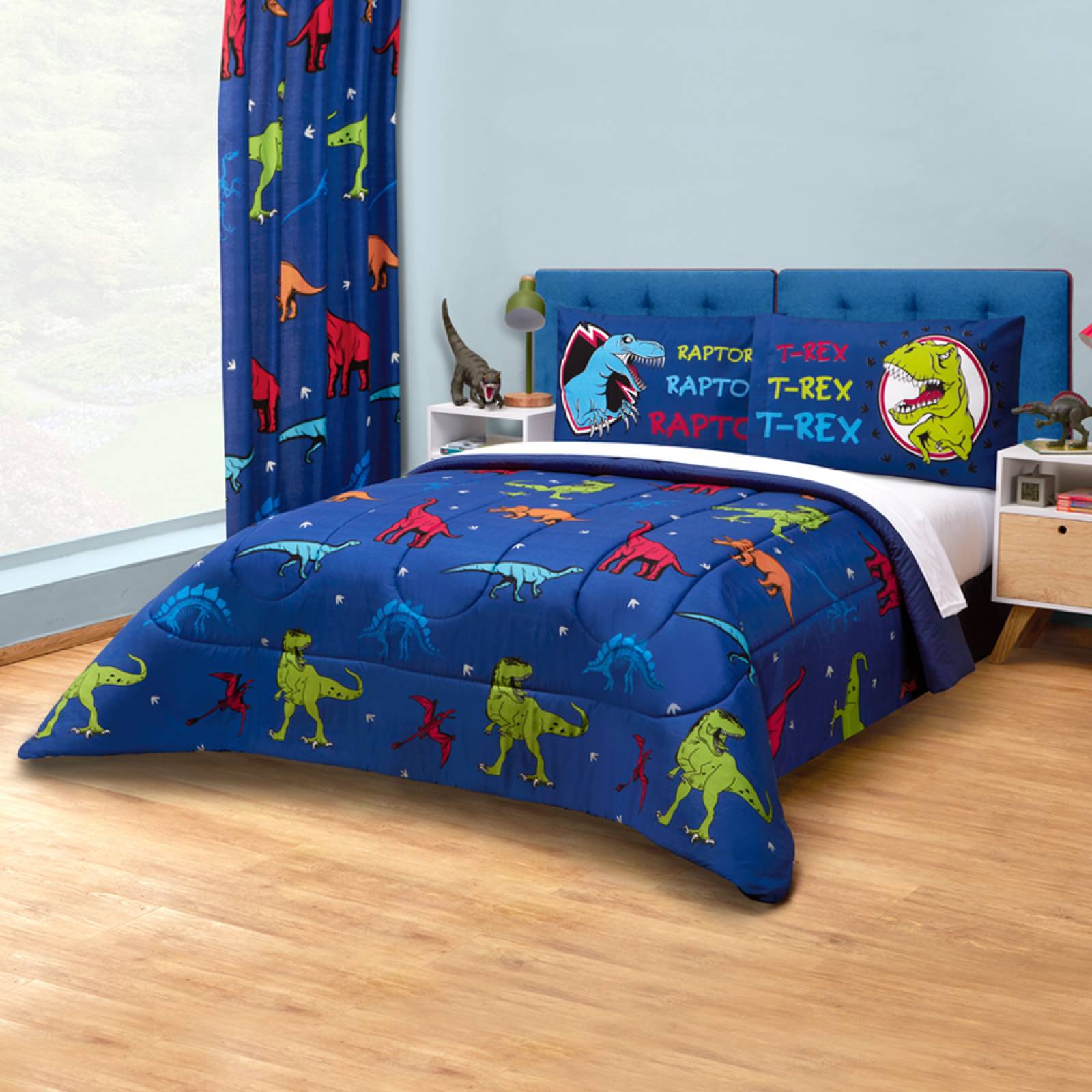 Edredón con Sábanas Individual Azul Dinosaurios Dos vistas Jurásico.