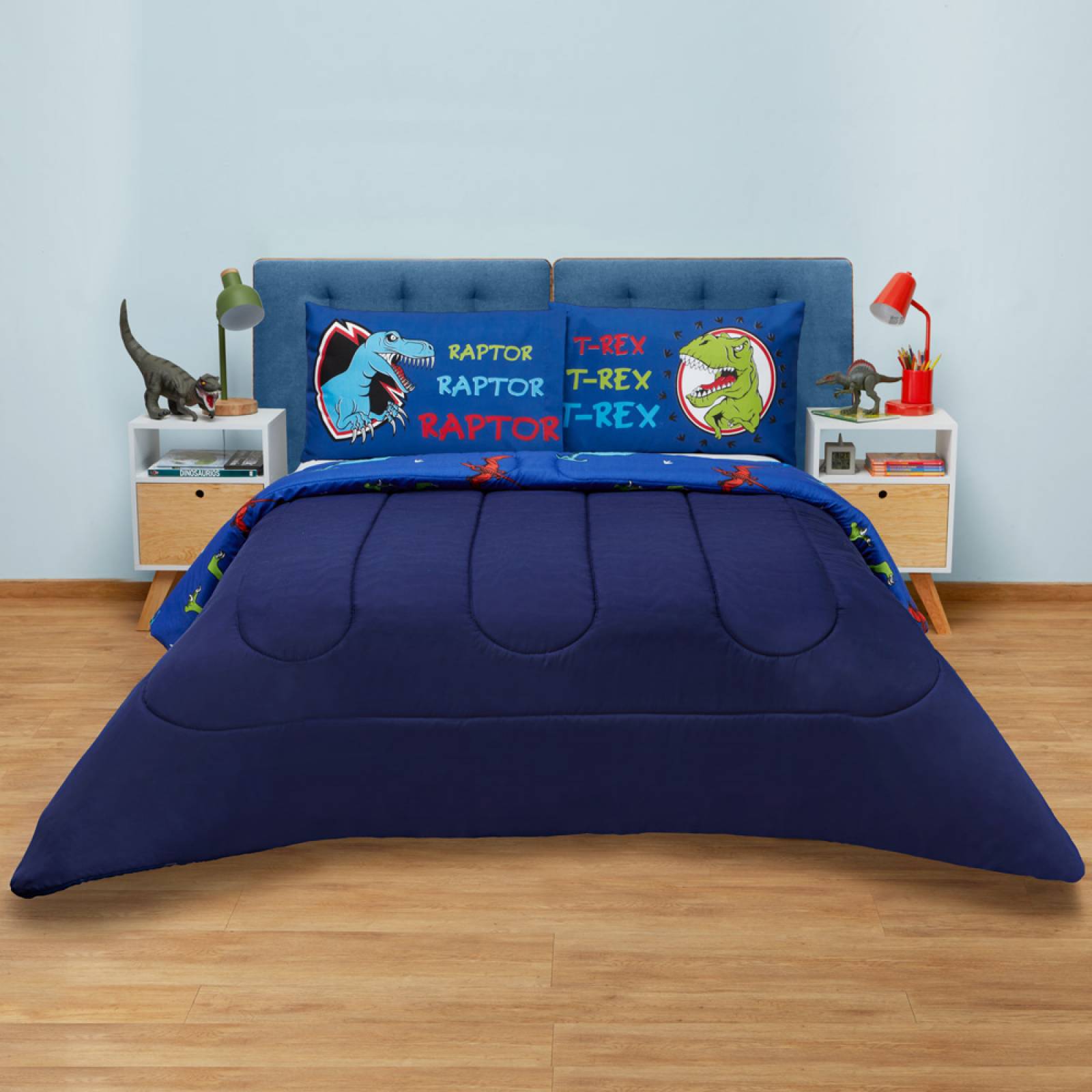 Edredón con Sábanas Individual Azul Dinosaurios Dos vistas Jurásico.