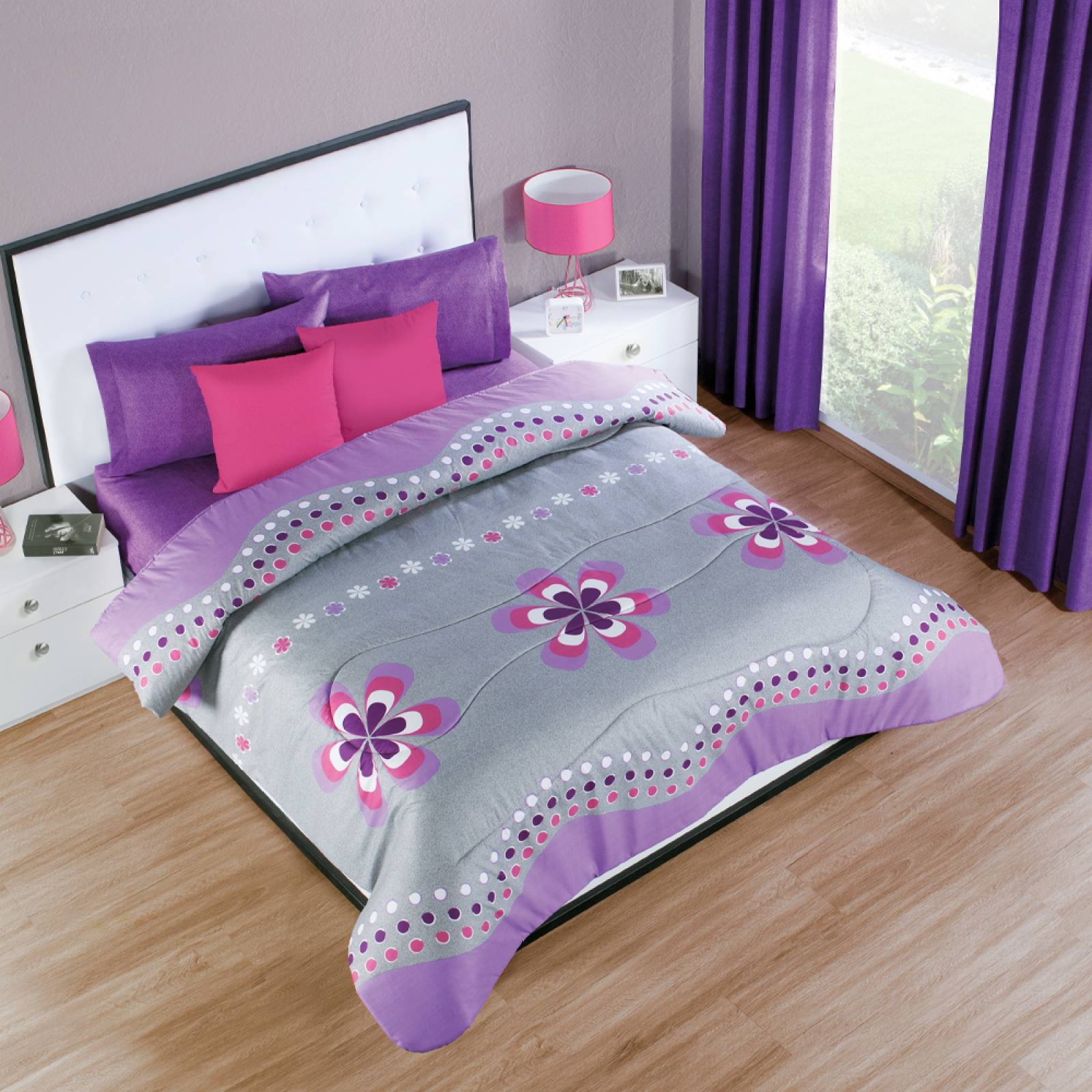 Edredón con Sábanas Matrimonial Morado Flores Dos vistas Melany.