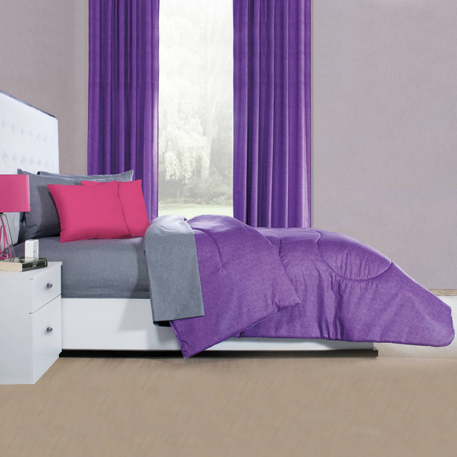 Edredón con Sábanas Matrimonial Morado Flores Dos vistas Melany.