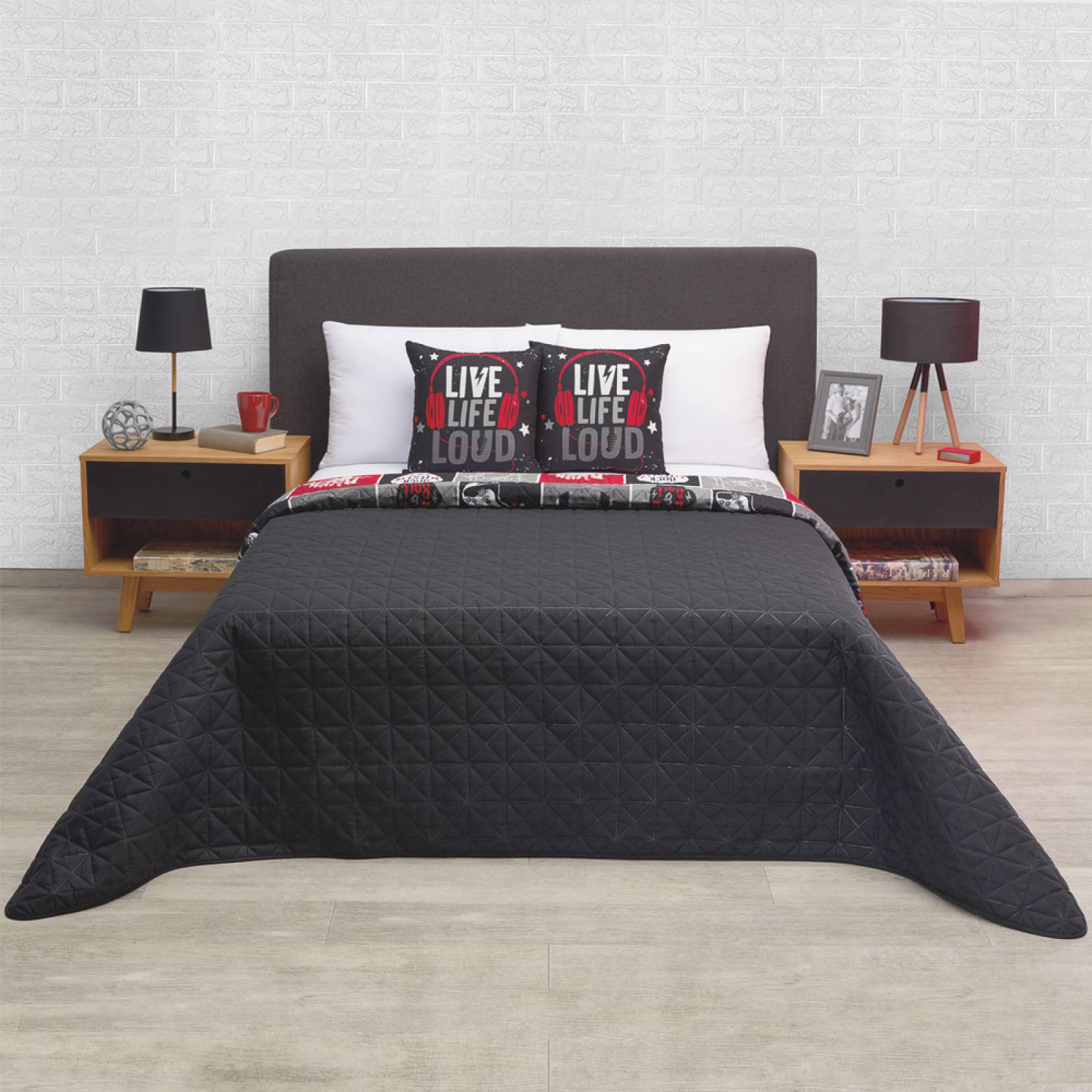 Edredón Ligero con Cojines Decorativos Matrimonial Gris Rock Dos Vistas Sound.