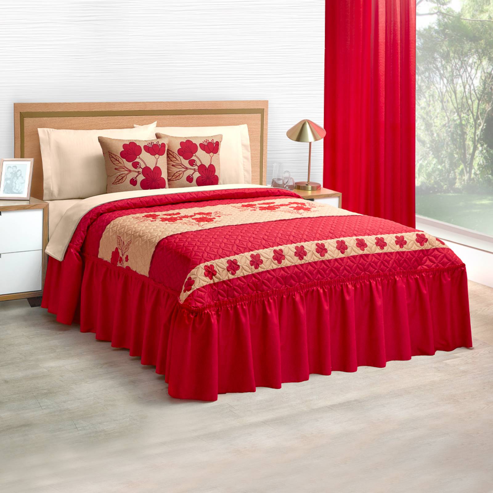 Colcha Con Cojines Matrimonial Rojo Con Forro De Tela Malta.