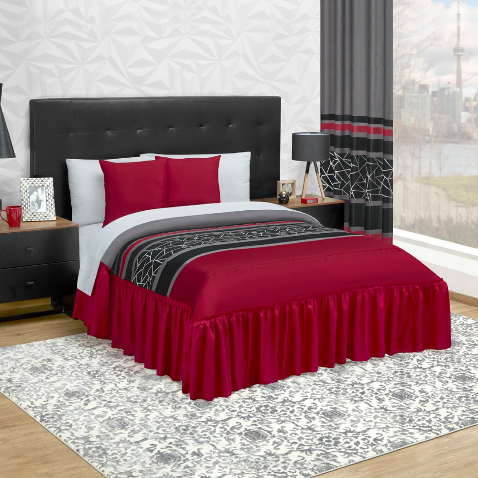 Colcha Con Cojines Matrimonial Rojo Con Forro De Tela Grafito.