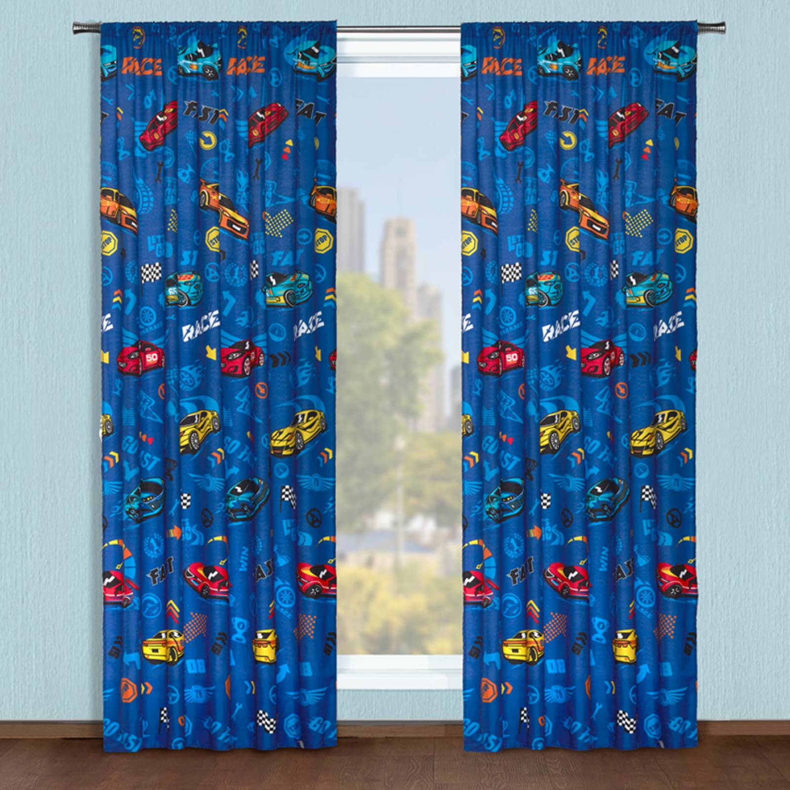 Cortinas Azul Carros dos paneles de 1.30 x 2.20 Race.