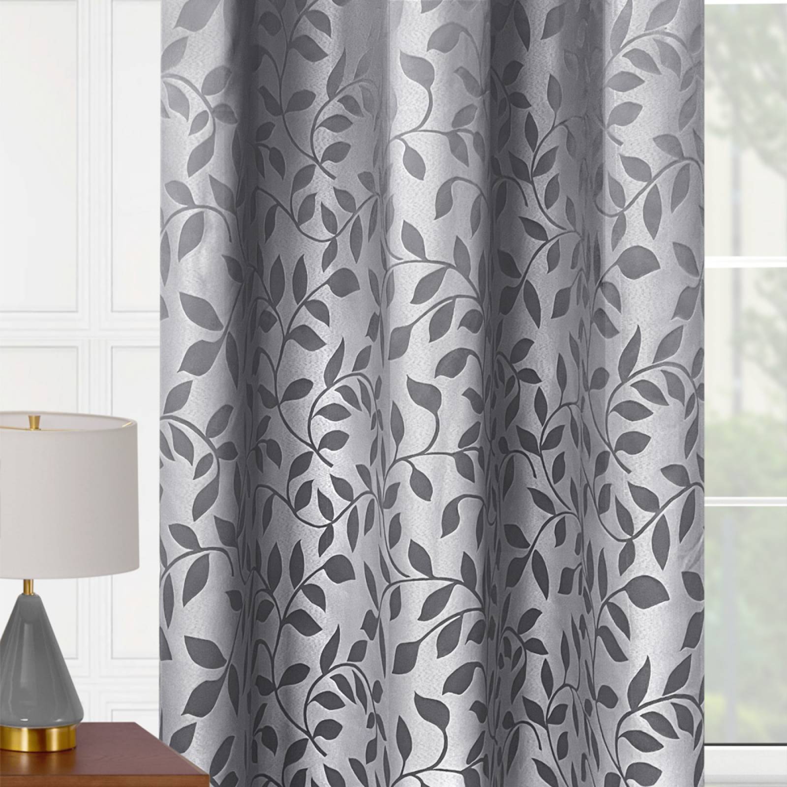 Cortina Jacquard 2 paneles de 1.45 x 2.15 m Hojas Stone.