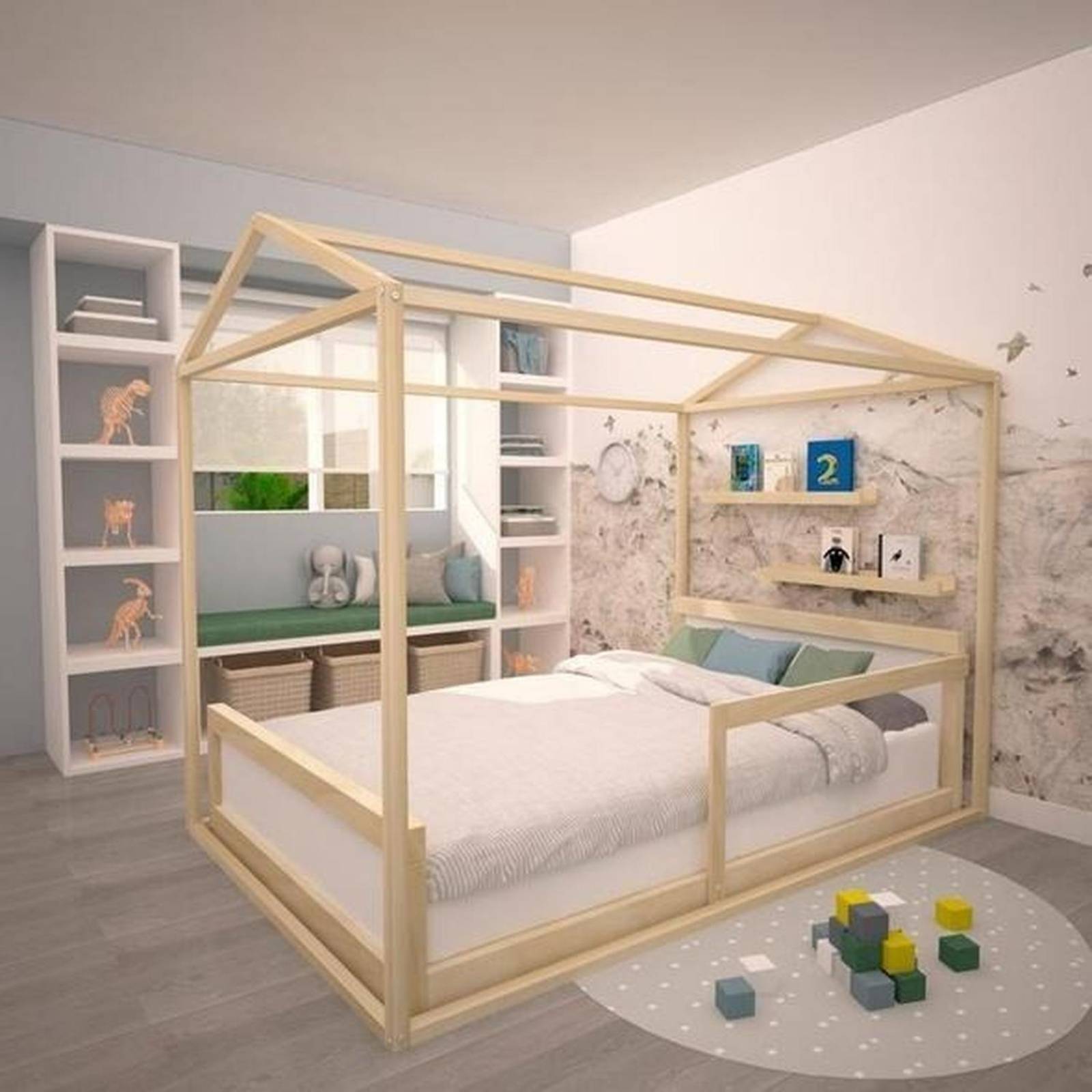 Recamara Matrimonial Madera Niños 1 Cama 1 Casa Y 2 Repisas 