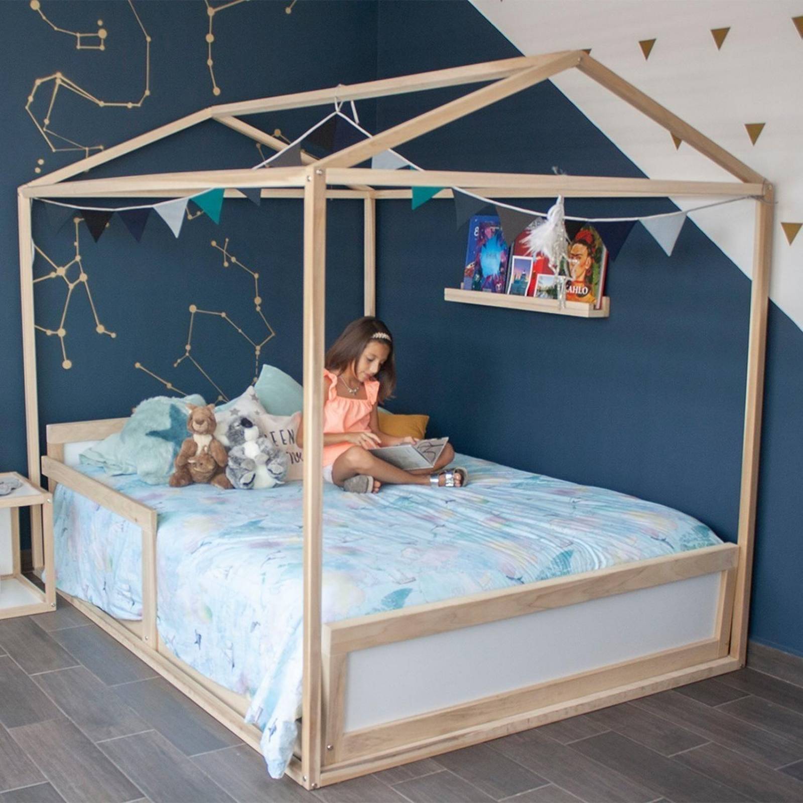 Recamara Matrimonial Madera Niños 1 Cama 1 Casa Y 2 Repisas 