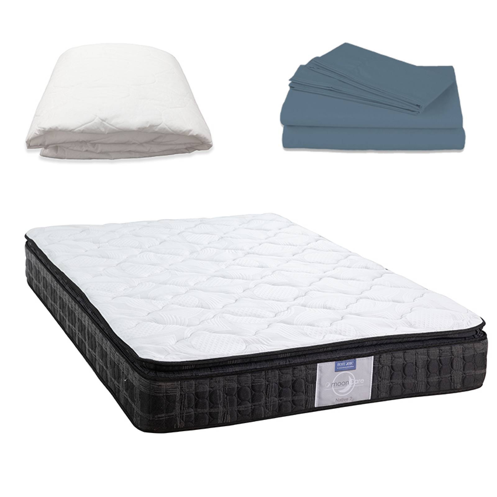 Colchón Matrimonial Restonic Native + Box Black Dicasa + Sábanas + Protector