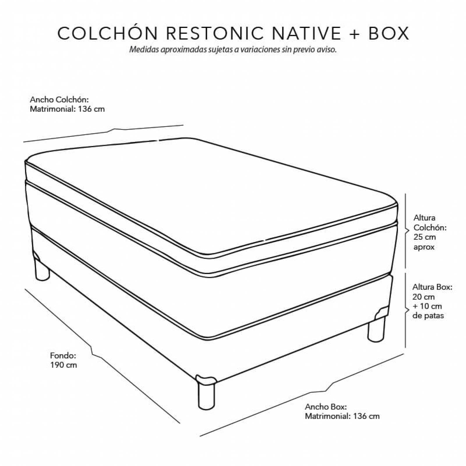 Colchón Matrimonial Restonic Native + Box Black Dicasa + Sábanas + Protector