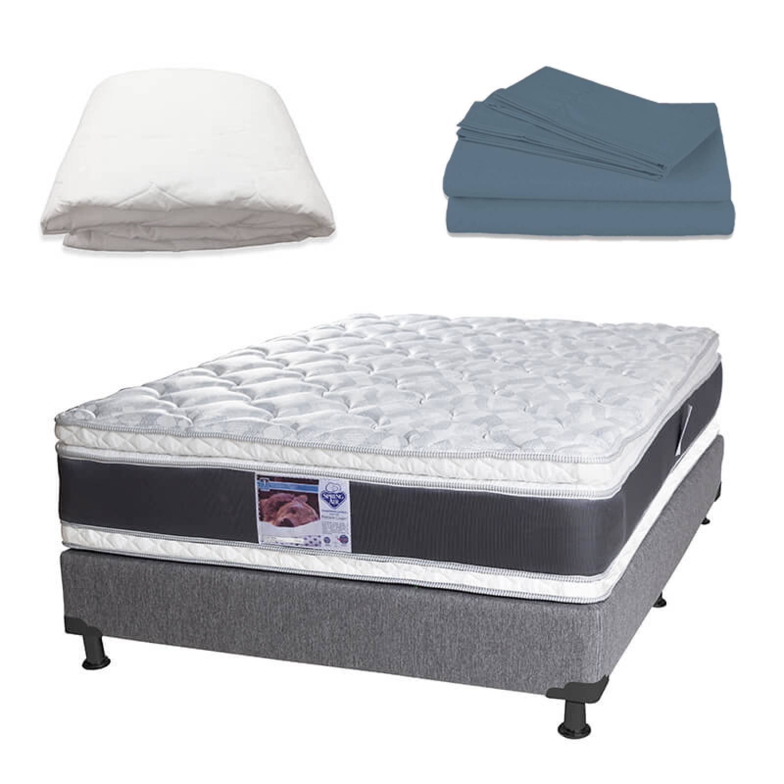 Colchón King Size Spring Air Jupiter con Box Dicasa Gris, Juego de Sábanas y Protector de Colchón