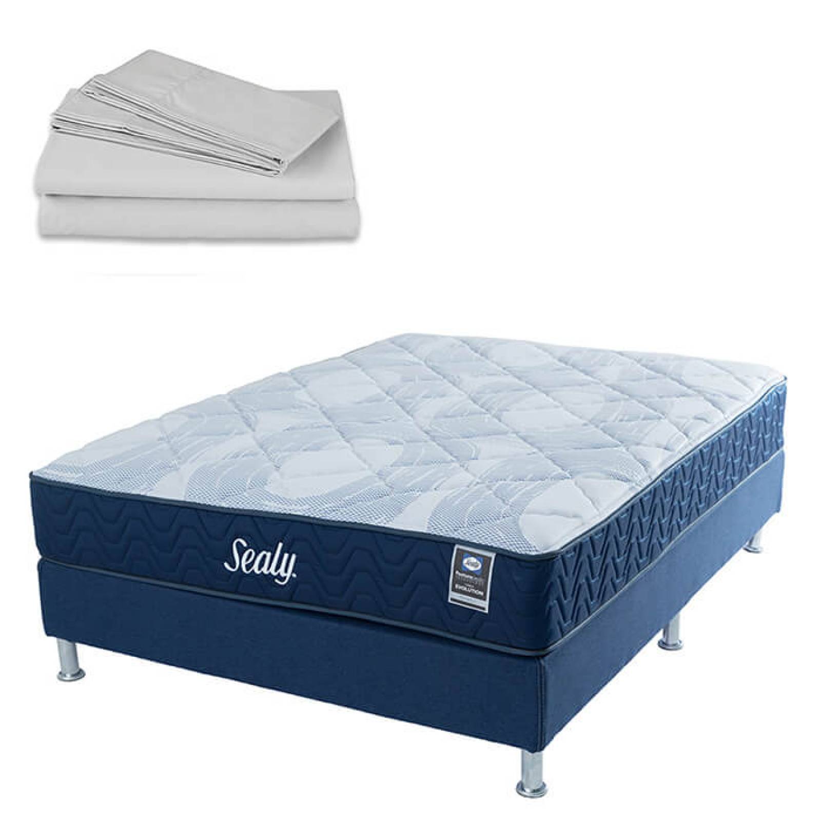 Colchón Individual Sealy Roswell + Box Blu Dicasa + Sábanas