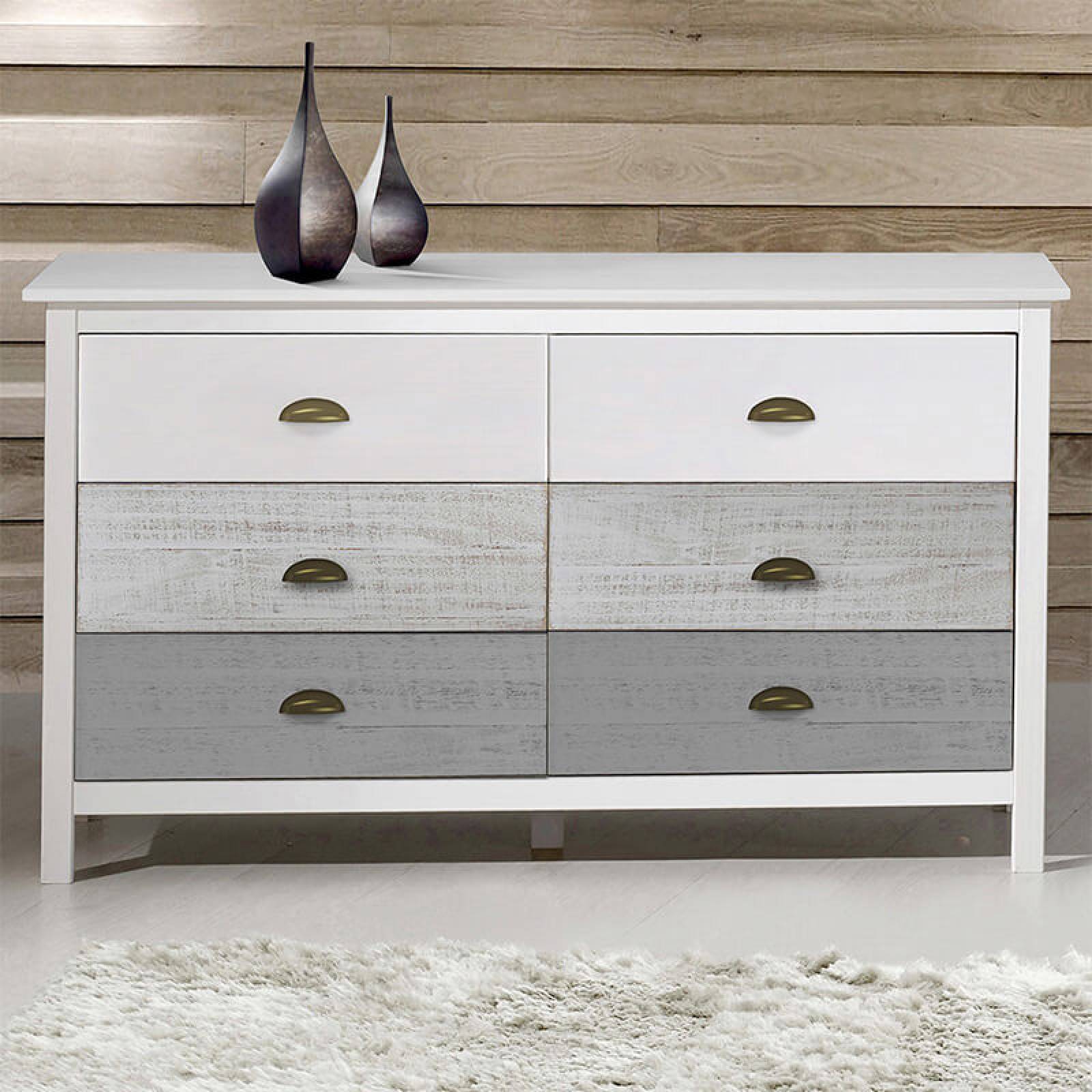 Cómoda Seis Cajones Marckeric Romántica Blanco y Gris