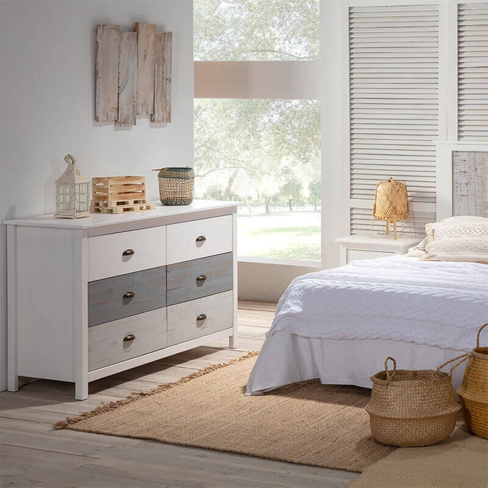 Cómoda Seis Cajones Marckeric Romántica Blanco y Gris