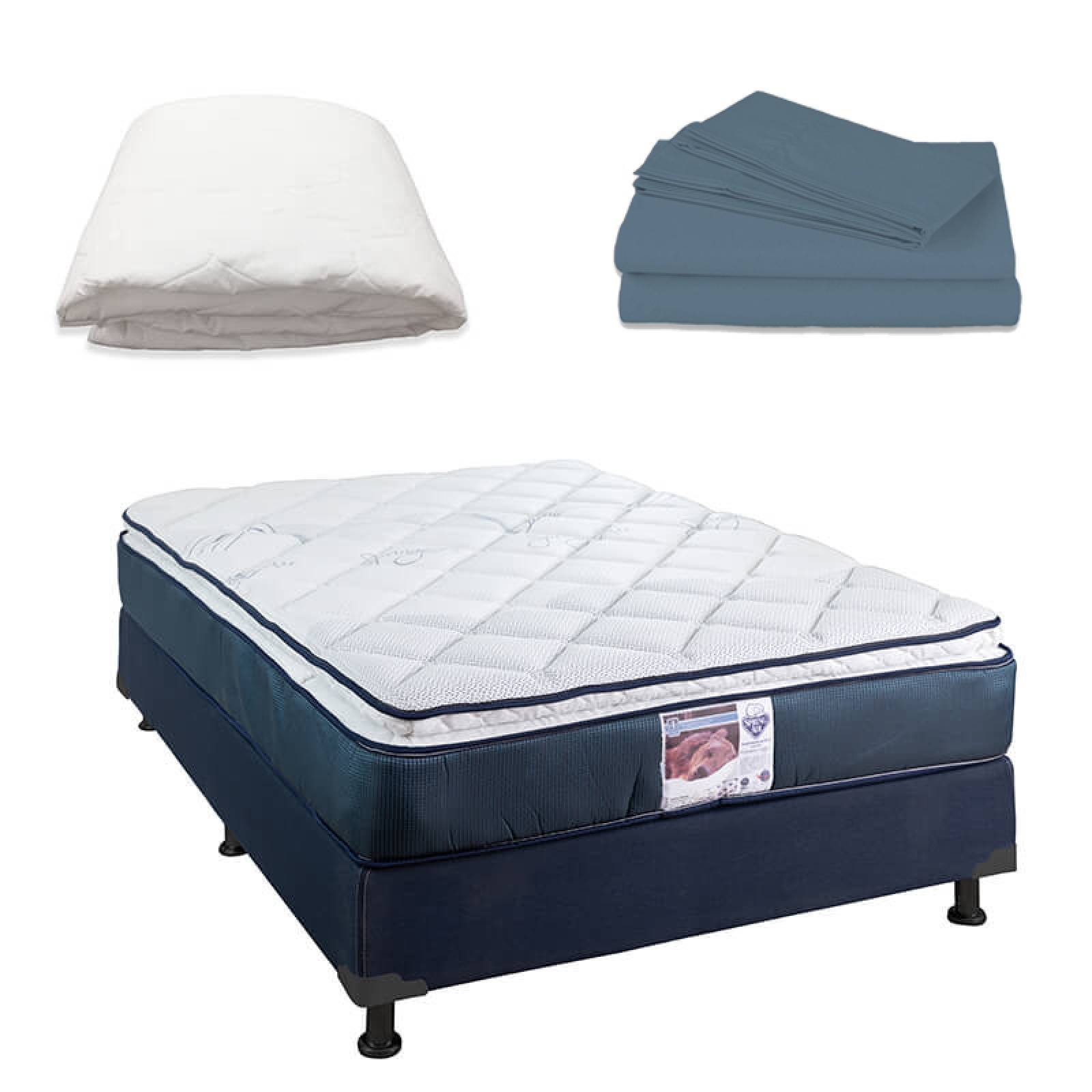 Colchón Matrimonial Spring Air Mónaco con Box  Dicasa Azul, Sábanas y Protector