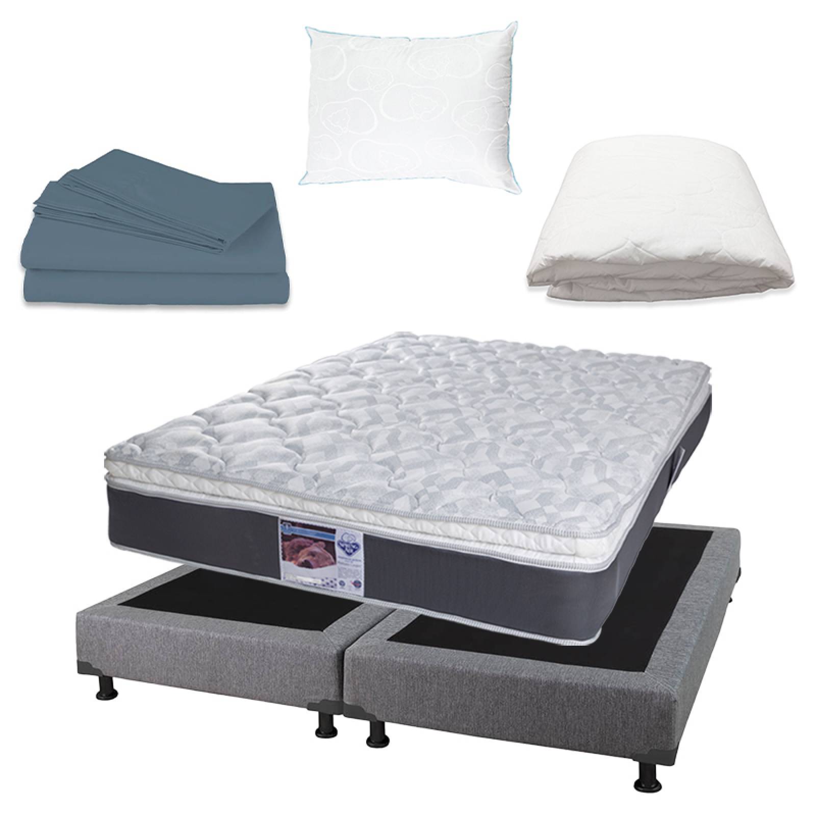 Colchón Spring Air Marte king size con box gris, protector, sábanas y almohada